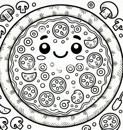 Smiling Pizza Coloring Page for Kids – Fun and Whimsical Art (1024x1024)