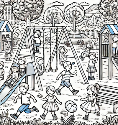 Coloring Page of Kids Playing in the Park