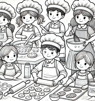 Coloring Page of Kids Baking in the Kitchen.