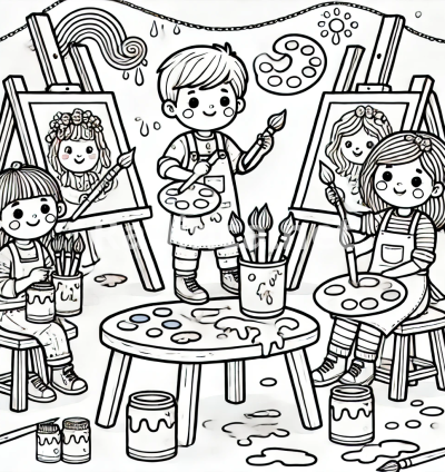 Coloring Page of Kids Painting at an Art Table.