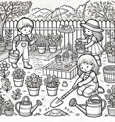 Coloring Page of Kids Gardening in the Backyard.