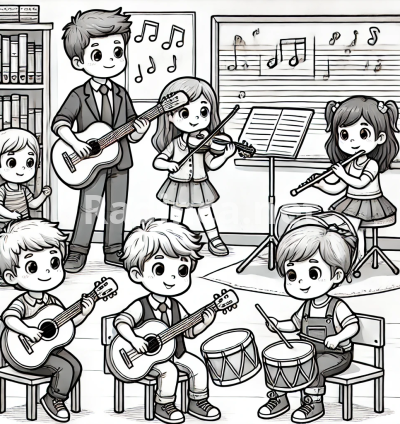 Coloring Page of Kids Playing Instruments