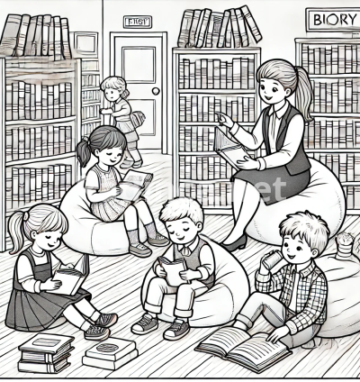 Coloring Page of Kids Reading in the Library.