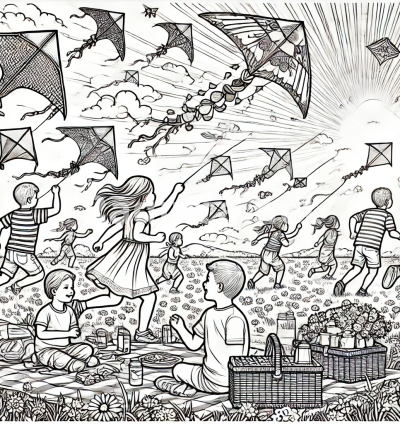 Coloring Page of Kids Flying Kites on a Sunny Day.